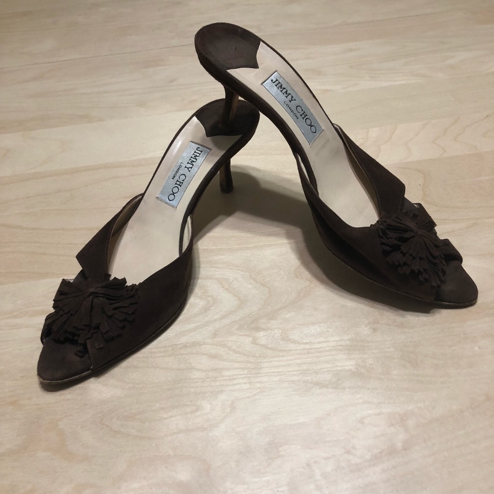 JIMMY CHOO Suede Vero Cuoio Tassel Heels